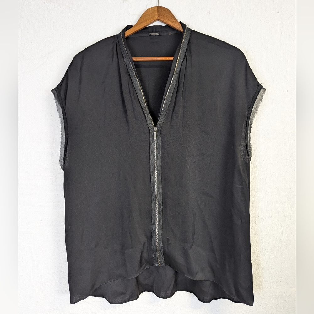 Elie Tahari Silk Blouse Womens Medium Black Zip Front Boxy Grunge Crop Rock